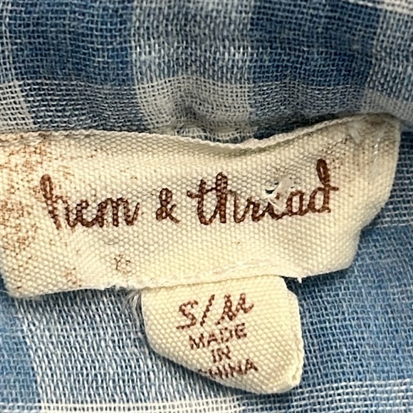 HEM & THREAD Boho Cottage Gauze 2 Pocket Buffalo/Plaid Blue/WHT Fringe Top S/M - Picture 5 of 16